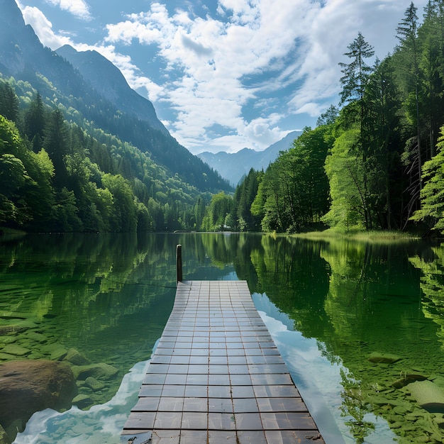 Photo serene lakeside view with green trees towering mountains and wooden pier perfect for tranquil esca