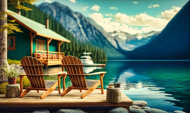 A serene lakeside with a dock Adirondack chairs and a scenic mountain backdrop