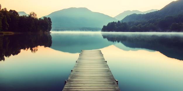 Photo serene lakeside with wooden dock at dawn