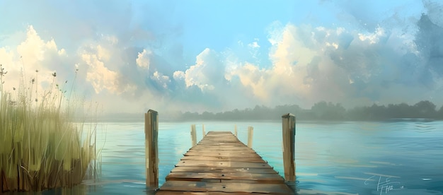 Photo serene lakeside wooden dock at dawn calm water and fluffy clouds digital art landscape painting ai