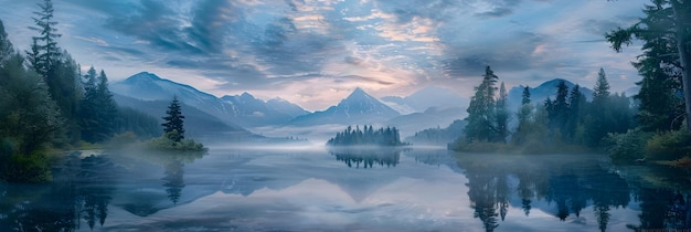 Photo serene landscape at dawn with majestic mountains dense forests and tranquil river a brush painti