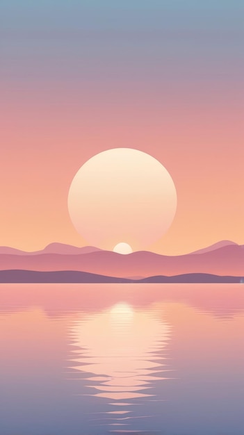 A serene landscape depicting a tranquil sunset over a calm body of water framed by gentle hills