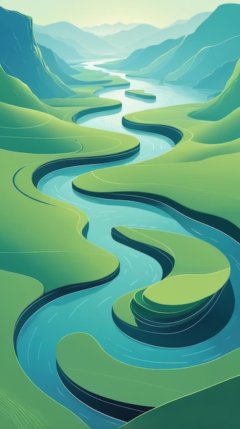 A serene landscape depicts a winding river flowing through verdant valleys