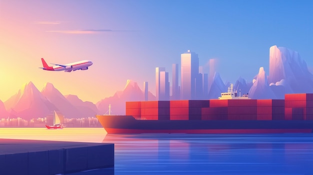 serene landscape featuring airplane flying over cargo ship at sunset