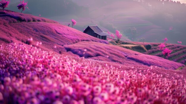 Photo a serene landscape featuring blooming pink flowers rolling hills and quaint house amid peaceful na