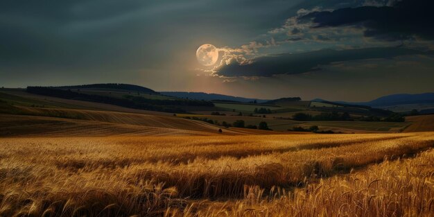 Photo serene landscape featuring golden wheat fields under a dramatic sky illuminated by a soft moonlight at dusk