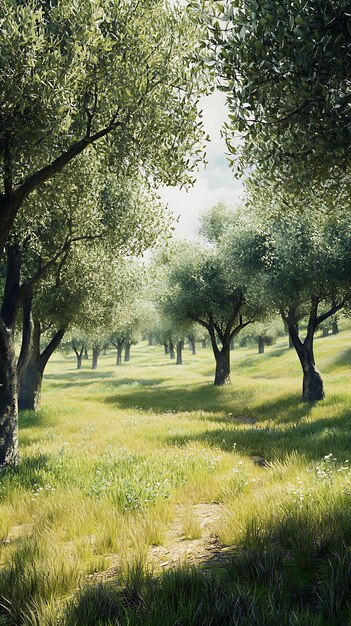 Photo a serene landscape featuring olive trees amidst lush green grass and soft sunlight