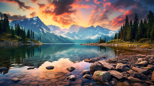 Serene landscape featuring a picturesque lake and a majestic sunrise over the mountains Generative Ai