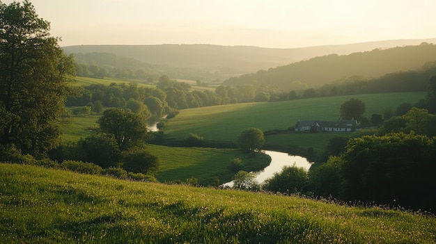 Photo a serene landscape featuring rolling hills and meandering paths perfect for natureinspired projects