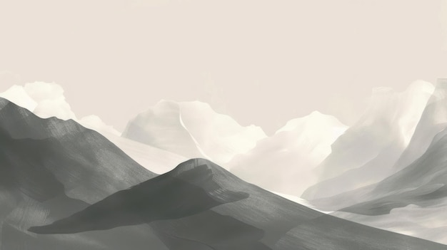 A serene landscape featuring soft mountains and misty peaks in muted tones