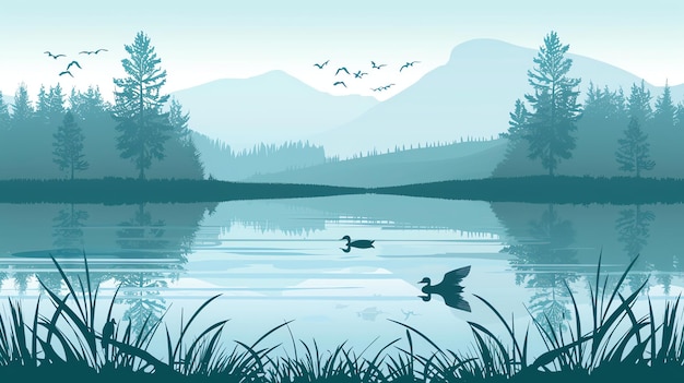 A serene landscape illustration of a lake reflecting a blue sky and mountains with a forest in the distance