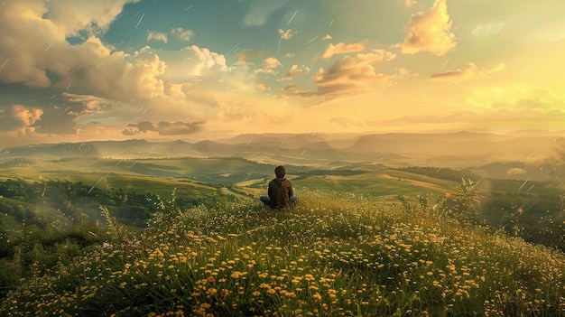 Serene landscape individual meditates on a lush hill overlooking scenic rolling hills and sky