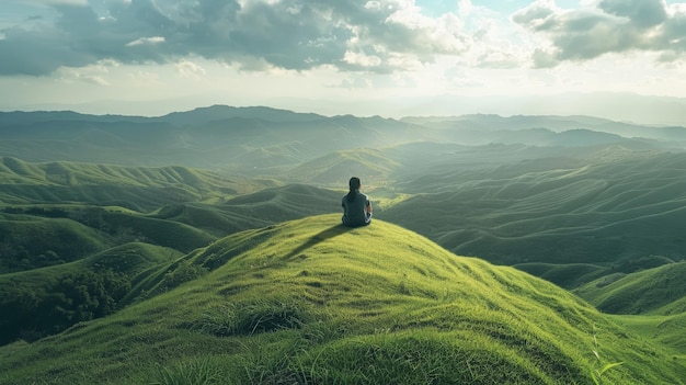 Serene landscape individual meditating on a hilltop admiring nature s rolling hills and sky