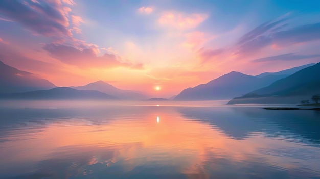 A serene landscape of a lake surrounded by mountains at sunset