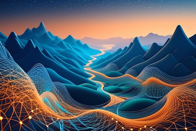 A serene landscape merging with a network of glowing synapses