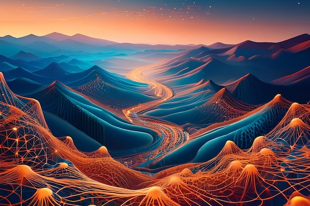 A serene landscape merging with a network of glowing synapses