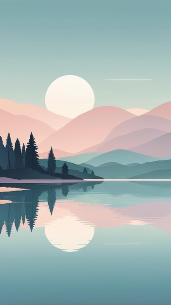 Photo a serene landscape of mountains reflected in a still lake with a large orb in the sky