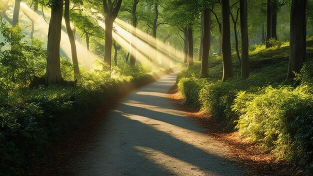 Photo serene landscape photograph of a sunlit forest path with winding dirt road tall trees and dappled sunlight creating a tranquil woodland atmosphere generative ai