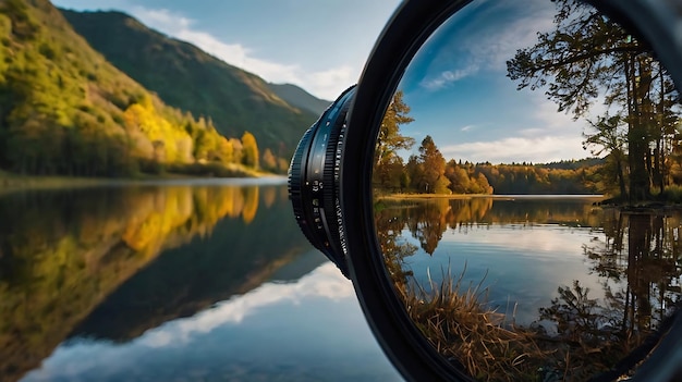 Photo serene landscape reflected in the lens of a camera s