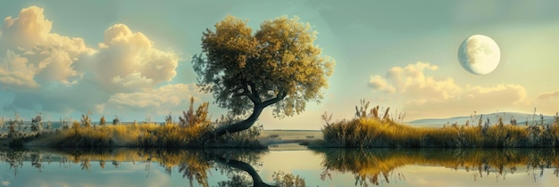 A serene landscape showcasing a peaceful lake with a single tree standing majestically by the w