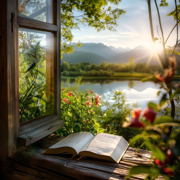 Photo serene landscape through window