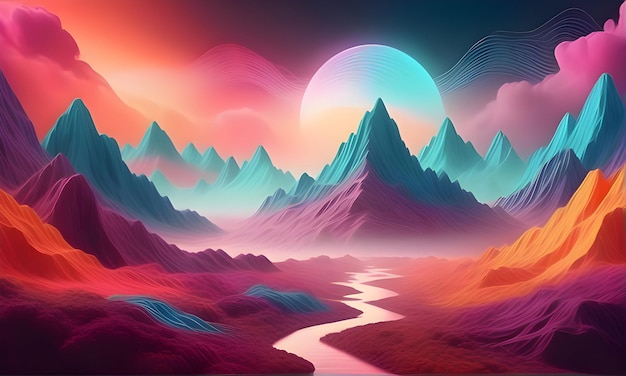 A serene landscape with coloful merging into psychic waves