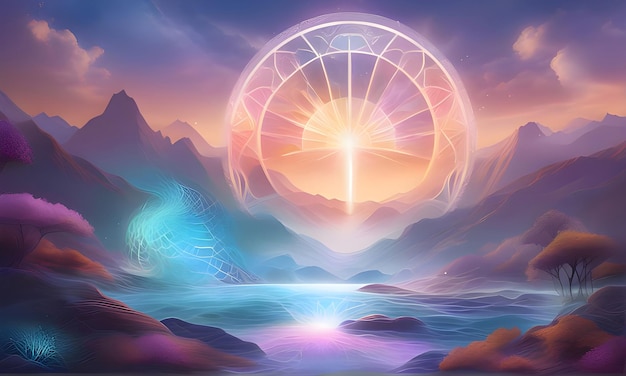 A serene landscape with coloful merging into psychic waves