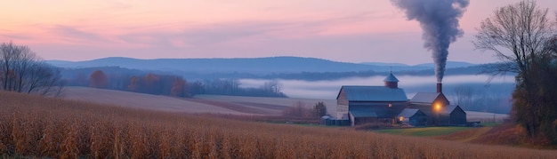 Photo a serene landscape with a farmhouse and chimney smoke at dawn surrounded by rolling hills and morning mist