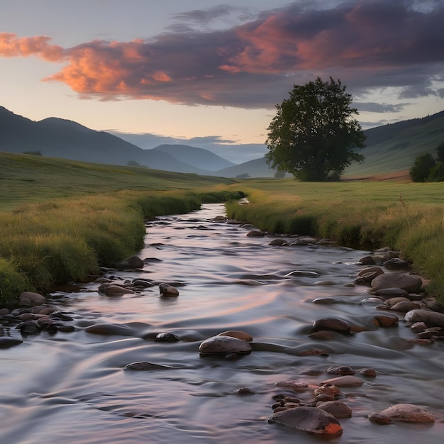 Photo serene landscape with gently flowing river through lush green fields and rolling hills