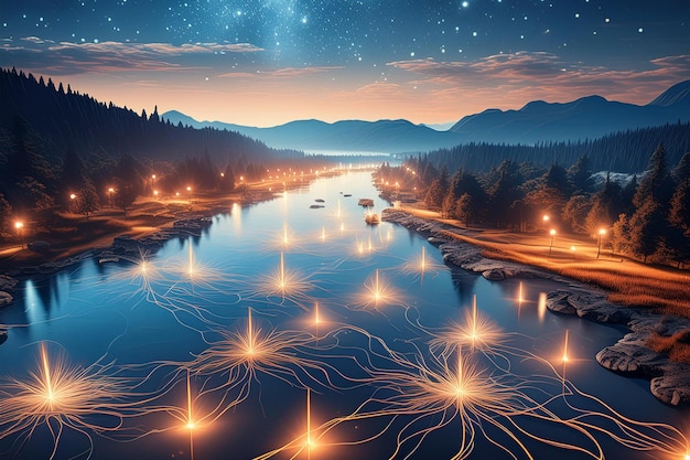 Serene Landscape with Glowing Synapses