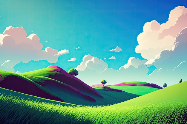 Serene landscape with green fields trees and cloudy sky Generative AI