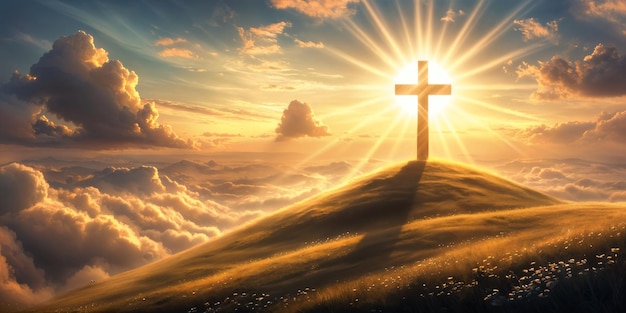 A serene landscape with a large cross prominently placed on top of a hill surrounded by clouds and bathed in the warm glow of a sunset