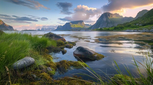 Photo serene landscape with majestic mountains and calm water