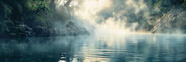 A serene landscape with mist rising from a lake surrounded by lush greenery Generative AI