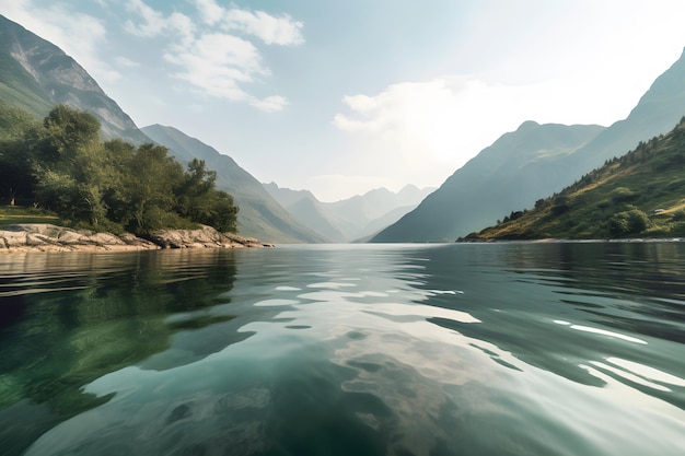 A serene landscape with a mountain range and a calm lake Generative AI