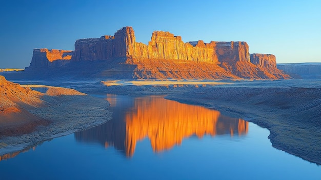 Serene landscape with a river reflecting a majestic cliff at sunset