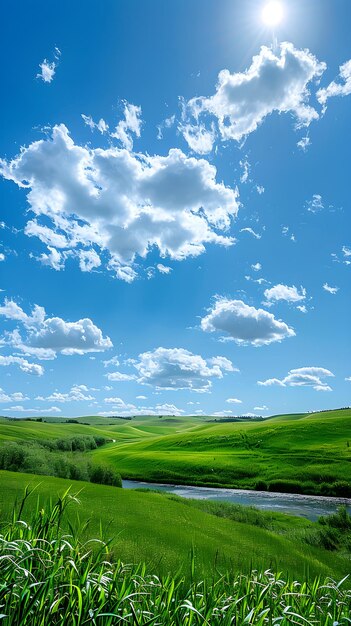 Photo serene landscape with rolling hills vibrant green meadows and bright blue sky with fluffy clouds r