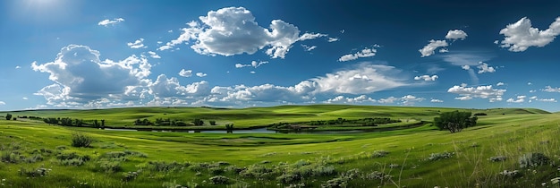 Serene Landscape with Rolling Hills Vibrant Green Meadows and Bright Blue Sky with Fluffy Clouds R