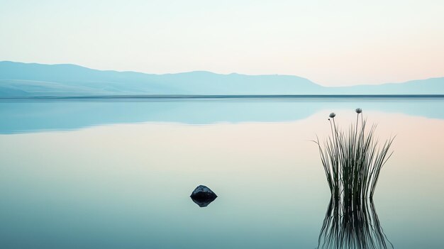 Photo a serene landscape with a single rock and a clump of reeds in a still lake with distant hazy mountains