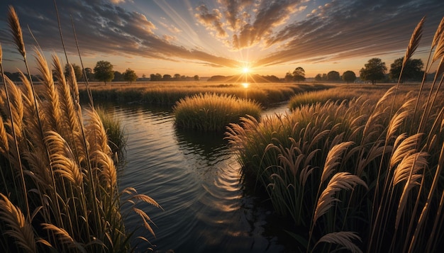 serene landscape with a tranquil lake surrounded by tall grass and reeds