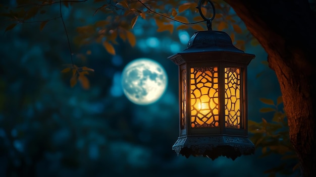 Photo a serene lantern casts warm light under a glowing moon