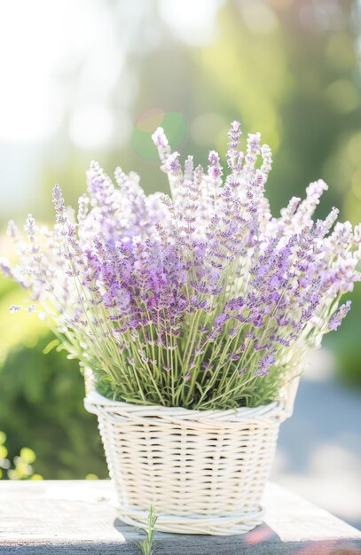 Serene Lavender Basket Basking in Soft Morning Light Amidst a Dreamy Bokeh