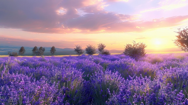 Serene lavender fields bathed in warm sunlight Vast and calming landscape of lavender fields