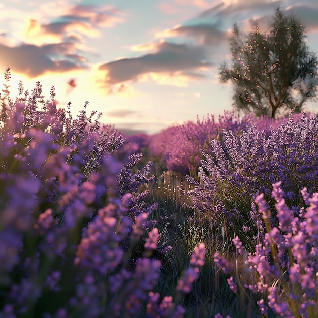 Serene lavender fields bathed in warm sunlight Vast and calming landscape of lavender fields