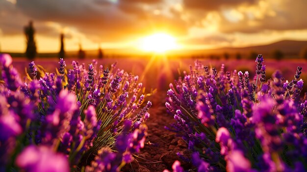 Photo serene lavender fields stretching to the horizon provence sunset the fragrant rows create