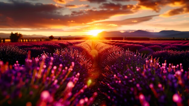 Photo serene lavender fields stretching to the horizon provence sunset the fragrant rows create