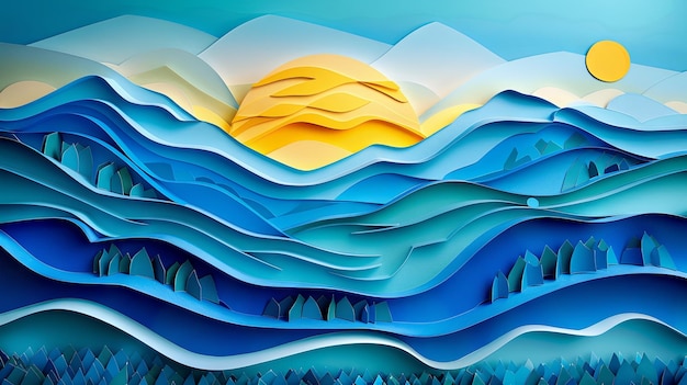 Serene layered paper art landscape with rising sun and flowing hills