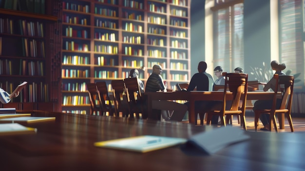 Serene library study group in sunlit room Teachers Day