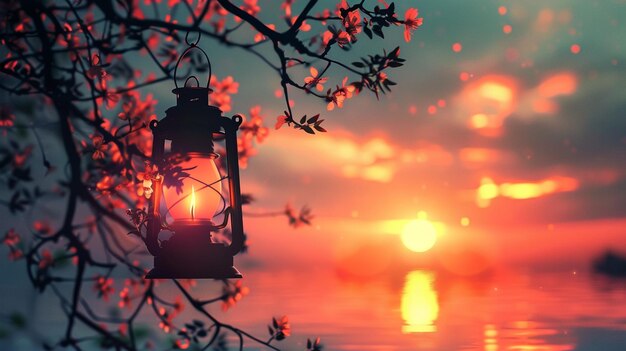 Serene Light Background with Lantern Hanging from Tree at Sunset