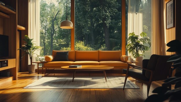 A serene living room filled with natural light and surrounded by greenery